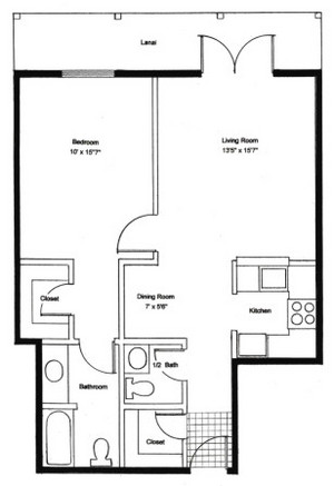 Traditional One Bedroom/ 1.5 Bath 862 sq. ft